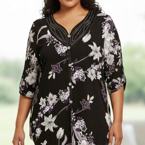 Appointments black floral print blouse sz 1XL